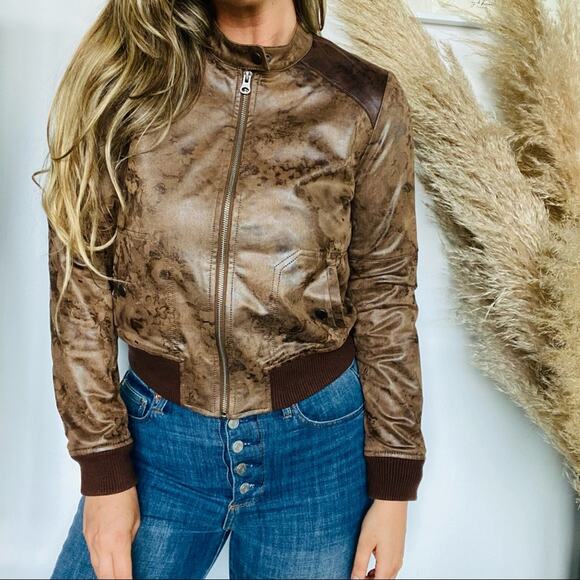 ANTHROPOLOGIE HEI HEI Brown Vegan Faux Leather Knit Cuff Bomber Jacket Coat XS - Picture 8 of 10